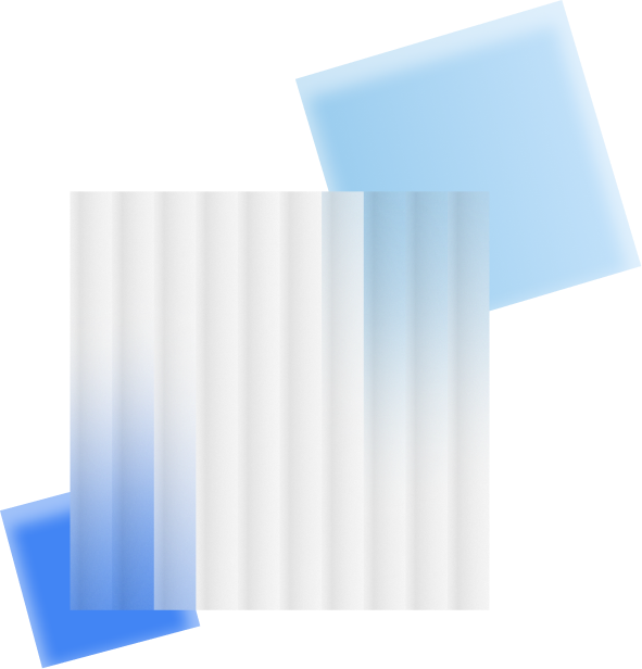 Abstract composition with three overlapping squares: a textured gray square with vertical ridges in the center, a translucent light blue square rotated at the top right, and a blurred blue square at the bottom left.